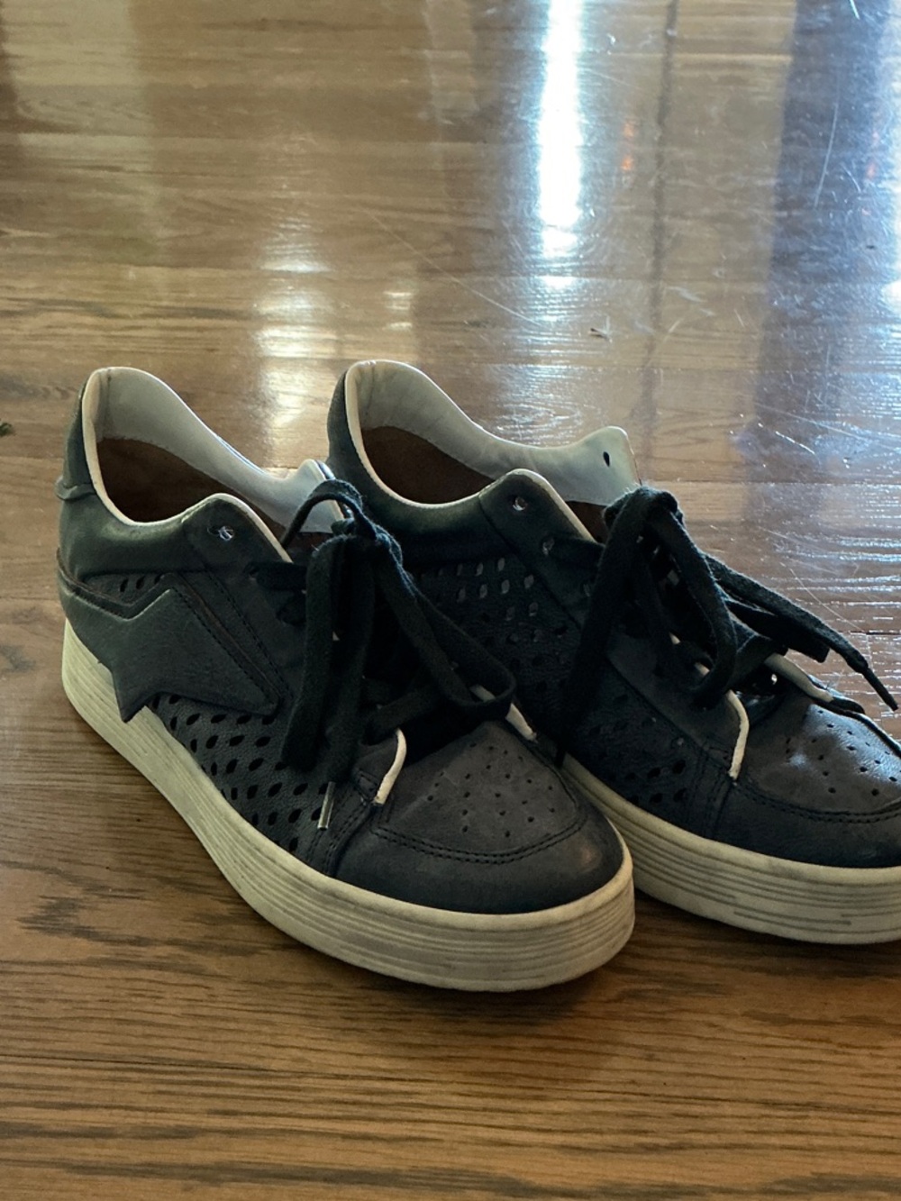 A.S.98 Navy and White Perforated Leather Platform Sneakers
